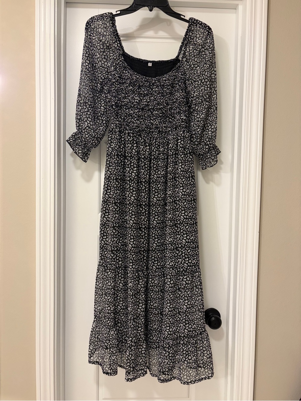 Amazon Black and White Floral Midi Dress with Smocked Bodice